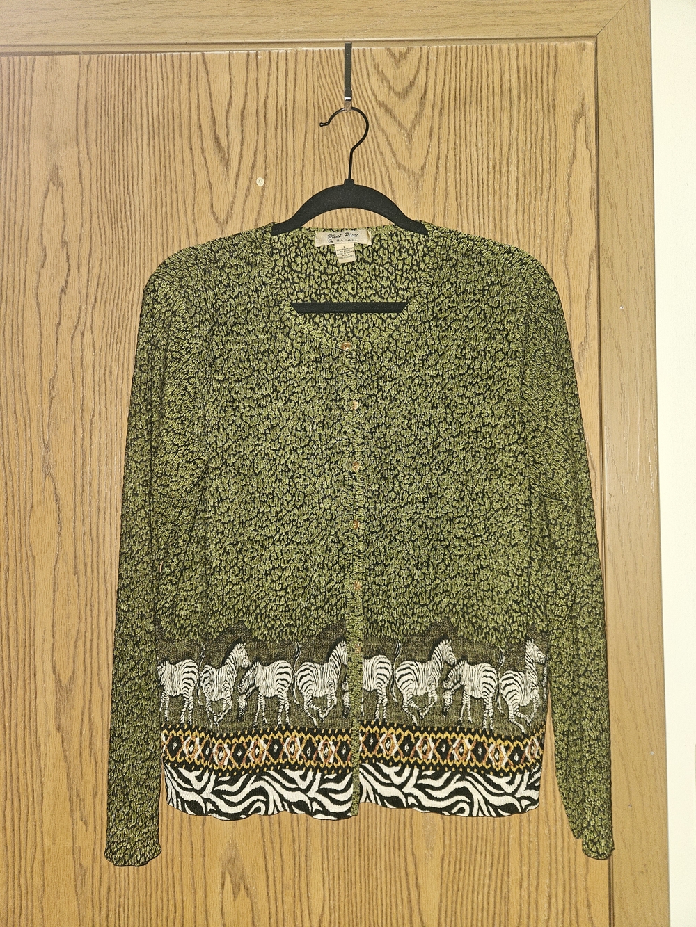 RAFAEL Olive Green Printed Button-Front Cardigan with Zebra Border